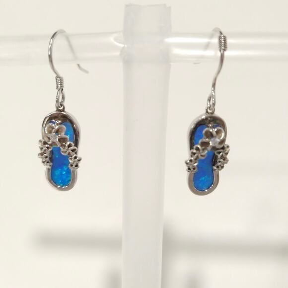 925 Sterling Silver Flip Flop Flower Dangle Drop Earrings Blue Opal Inlay Beach - Picture 1 of 7